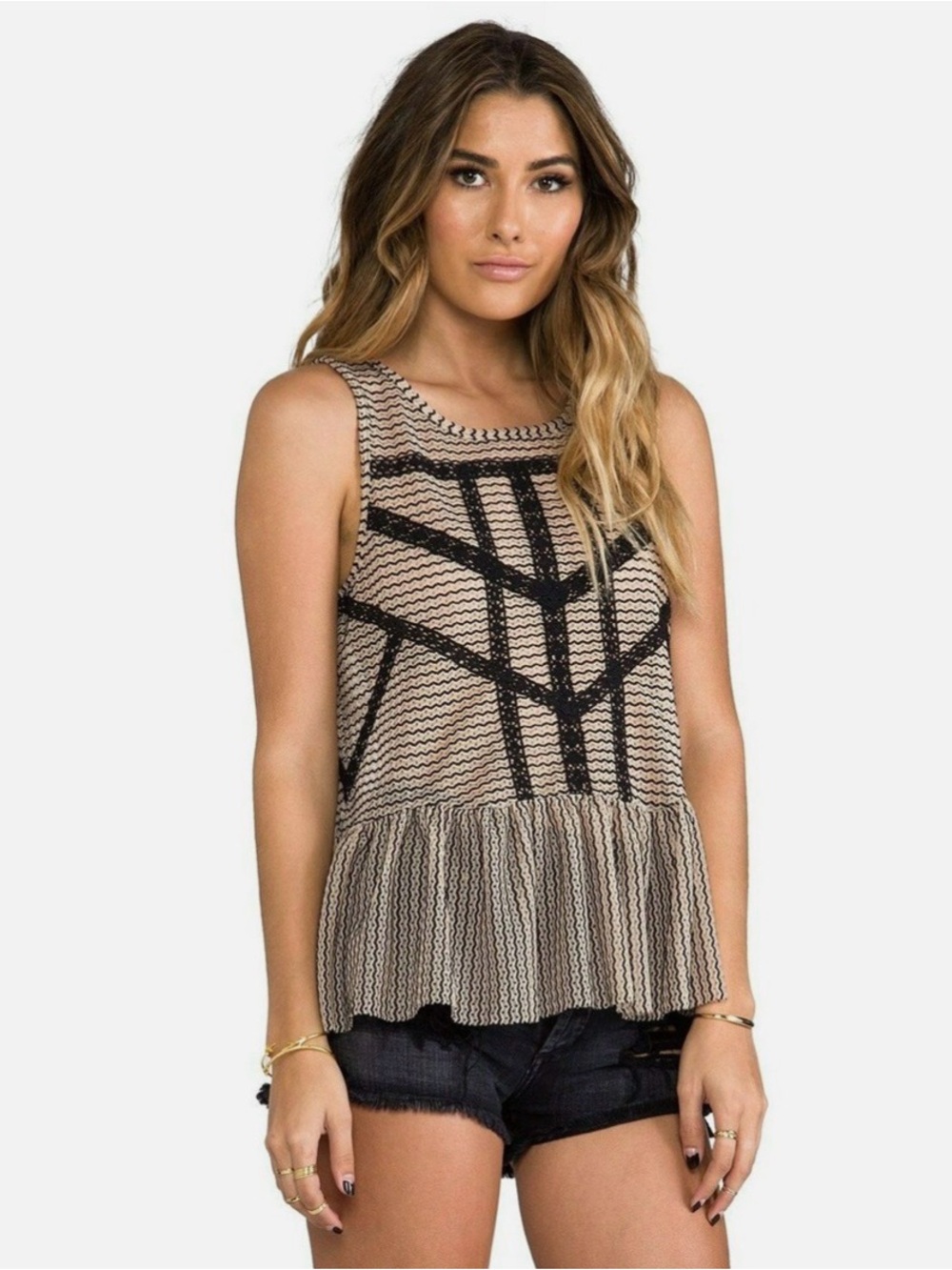 Free People Geometric Peplum Sleeveless Blouse Top - #